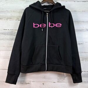 Bebe Sport Womens XL Black Pink Logo Full Zip Hoodie Sweatshirt Thumbholes Y2K